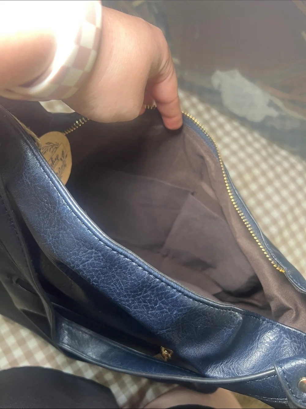 Navy Leather Shoulder Bag with Gold Hardware - Women's